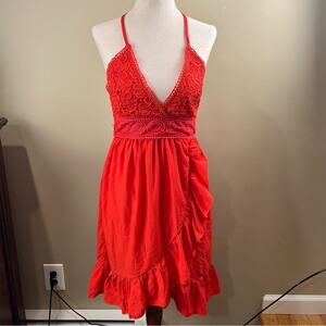 Ecowish Red Backless Dress Backless Ruffles Lace Bow Boho Women's Size Small
